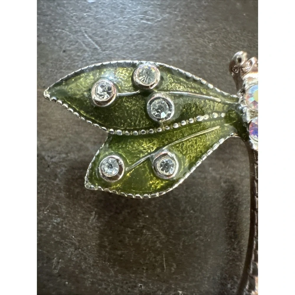 Green Enamel Dragonfly Brooch Pin Silver Color Retro Vintage Estate Boho